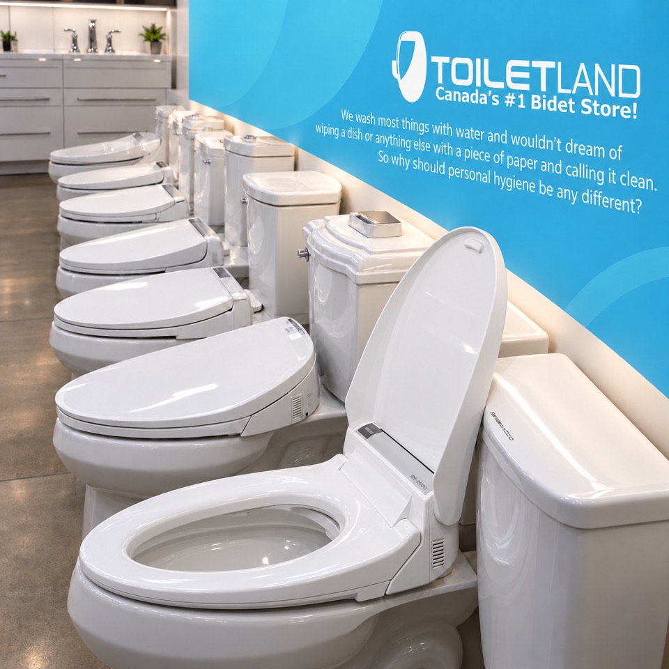 A row of bidet toilets beside the blue Toiletland showroom wall