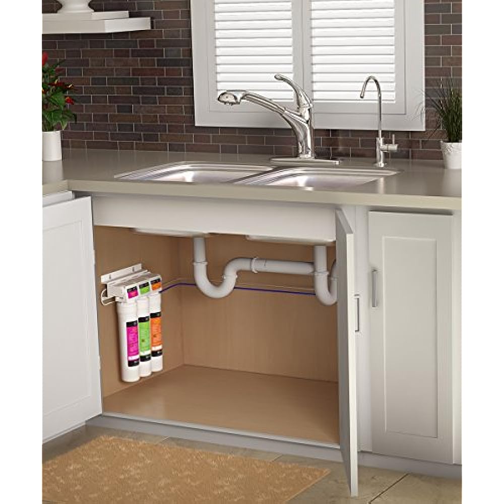 Brondell Coral three-stage filtration system installed under a kitchen sink
