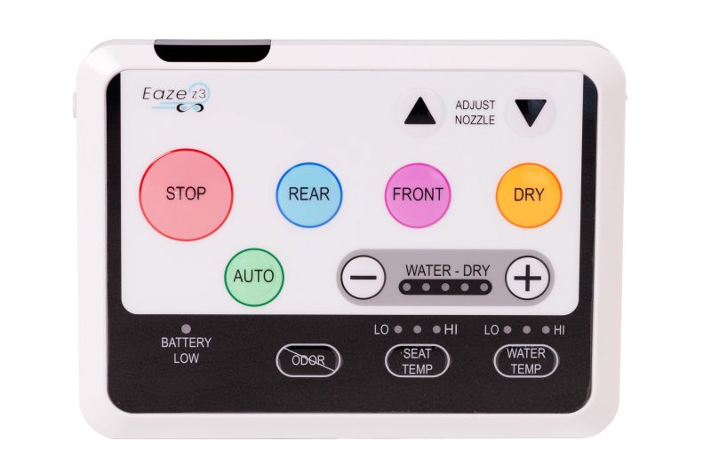 Close-up of the Infinity Eaze-Z3 wireless remote: large colour-coded Stop, Rear, Front, Dry and Auto buttons with water and dryer intensity controls
