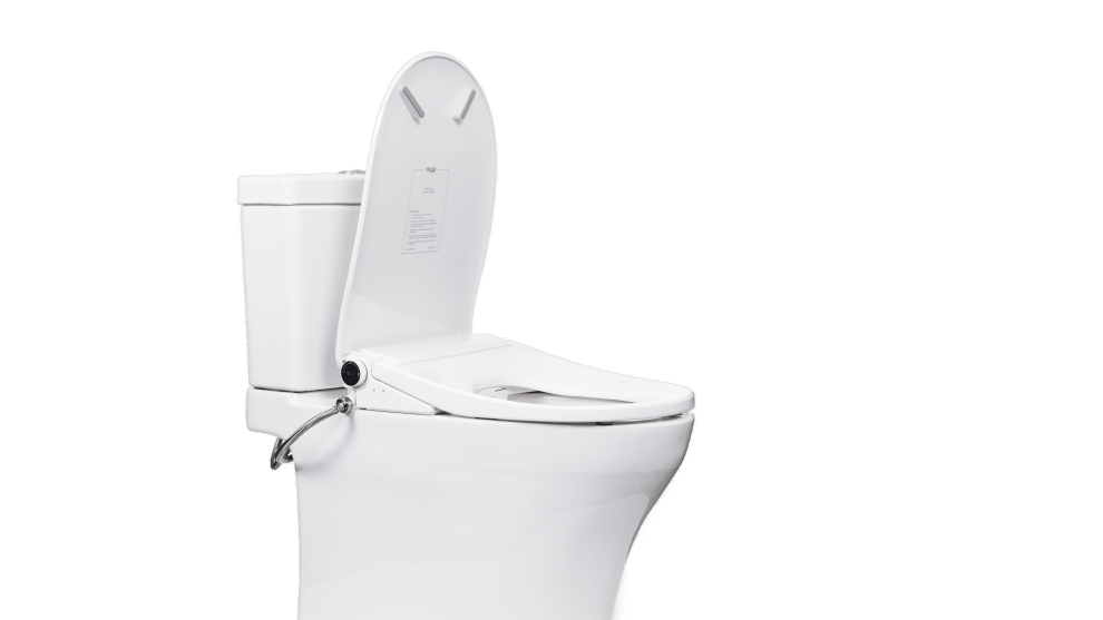 Ultra NOVA bidet seat with the lid up, installed on a white toilet