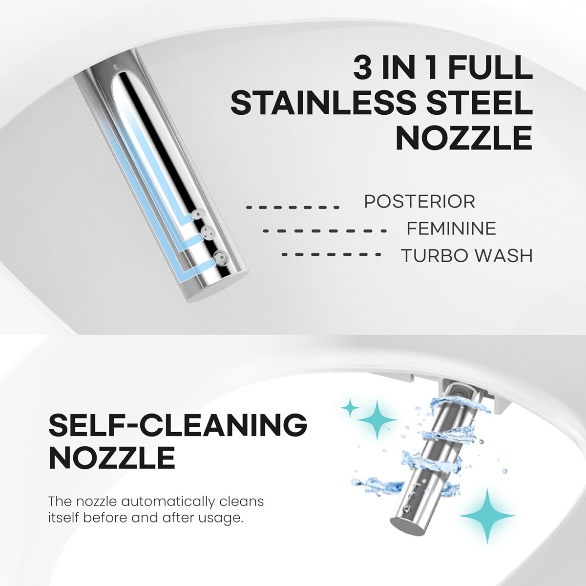 VOVO 3-in-1 full stainless-steel nozzle with posterior, feminine and turbo wash positions, plus self-cleaning rinse