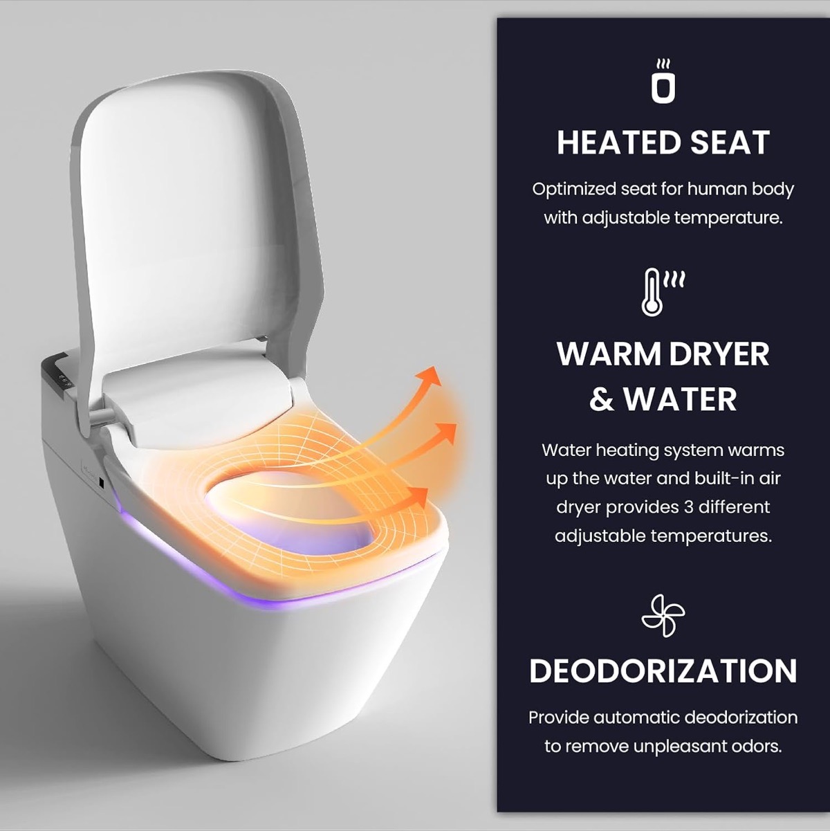 VOVO TCB-090SA heated seat, warm water and dryer, and automatic deodorization