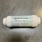 Ion water filter for bidet seats with a green label, inline filter with white end fittings
